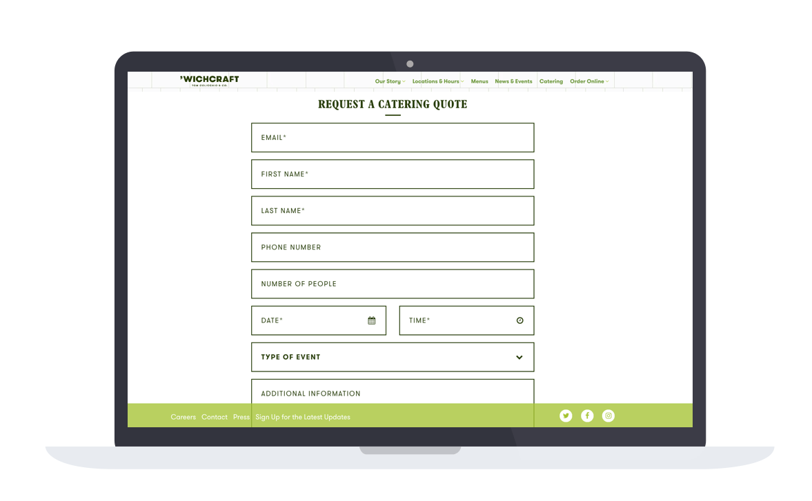 The catering inquiry form on 'Wichcraft's website.