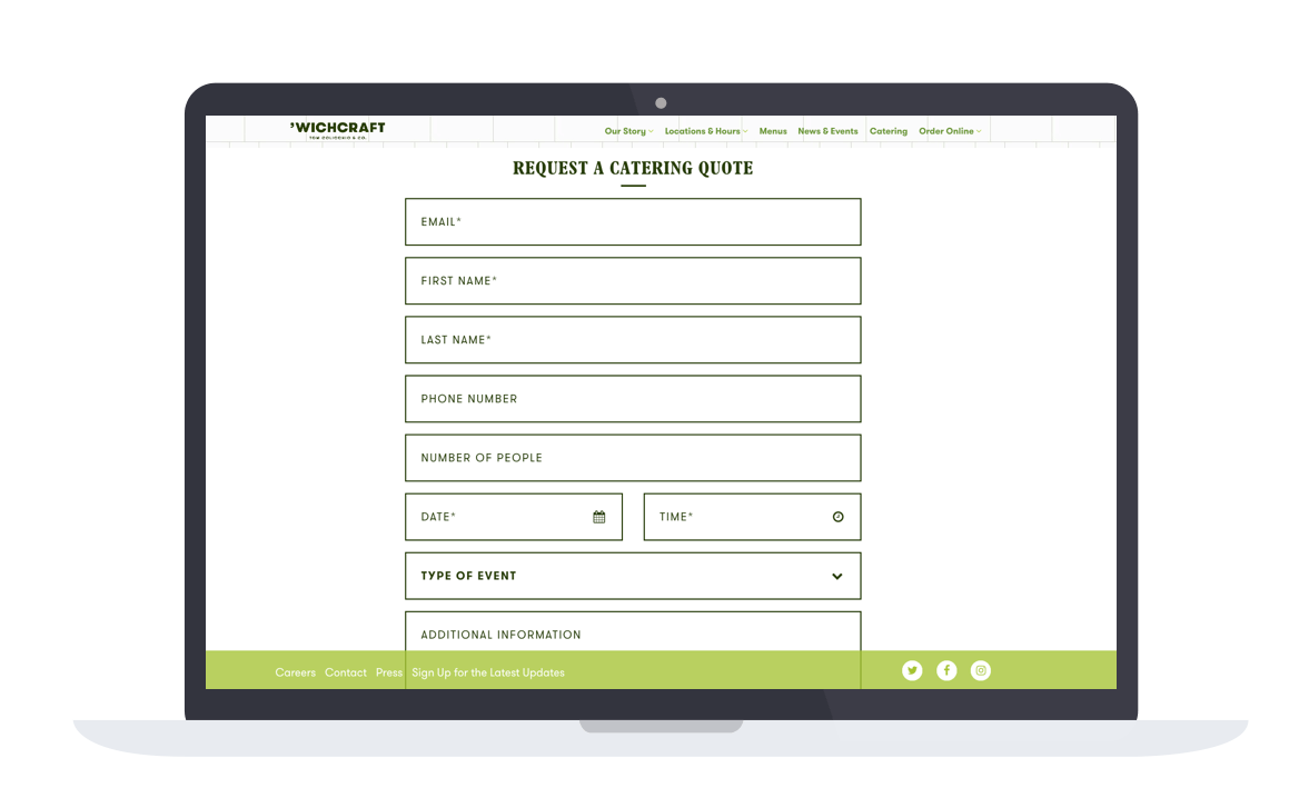 The catering inquiry form on 'Wichcraft's website. 