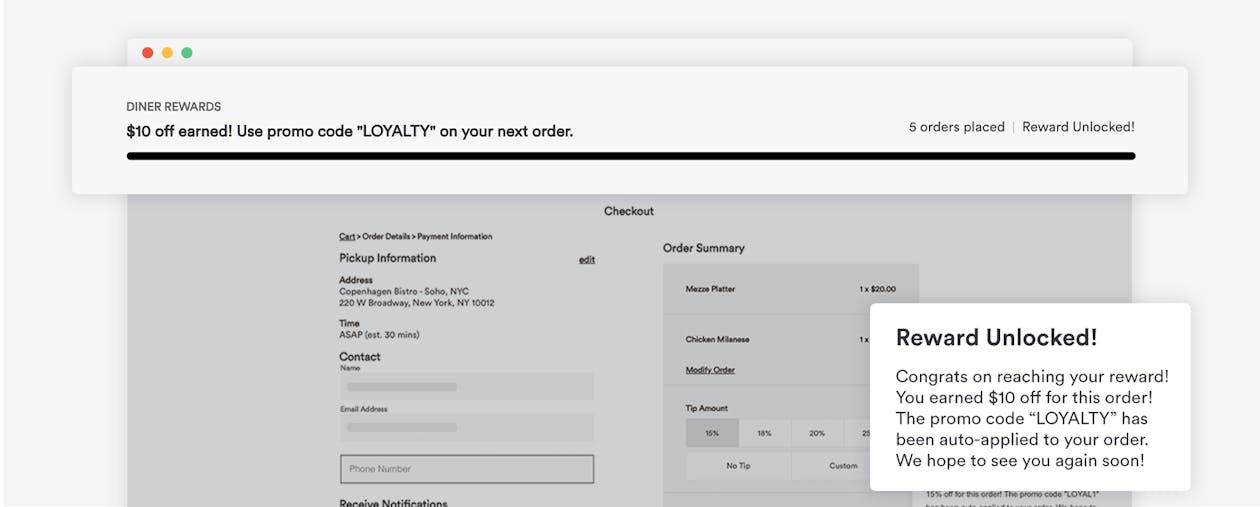 A graphic showing how it notifies a diner once they’ve unlocked a reward — by email and at order checkout.