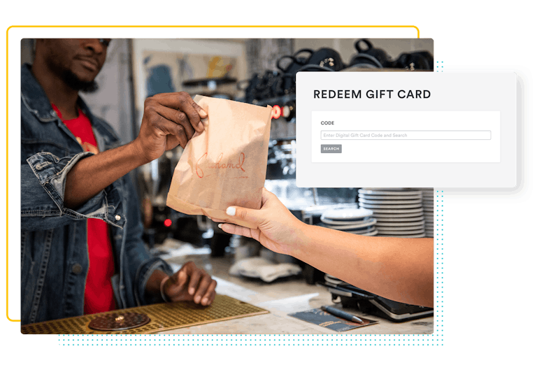 a composite image of a restaurant worker handing a guest a pastry with a backend screenshot of redeeming gift cards