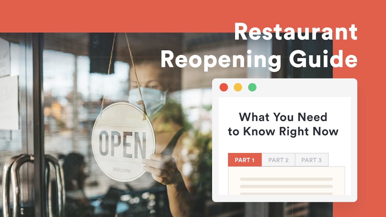 Image of a woman with an open sign and tex that says restaurant reopening guide