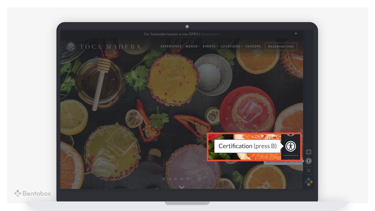 ADA certification on a restaurant website.