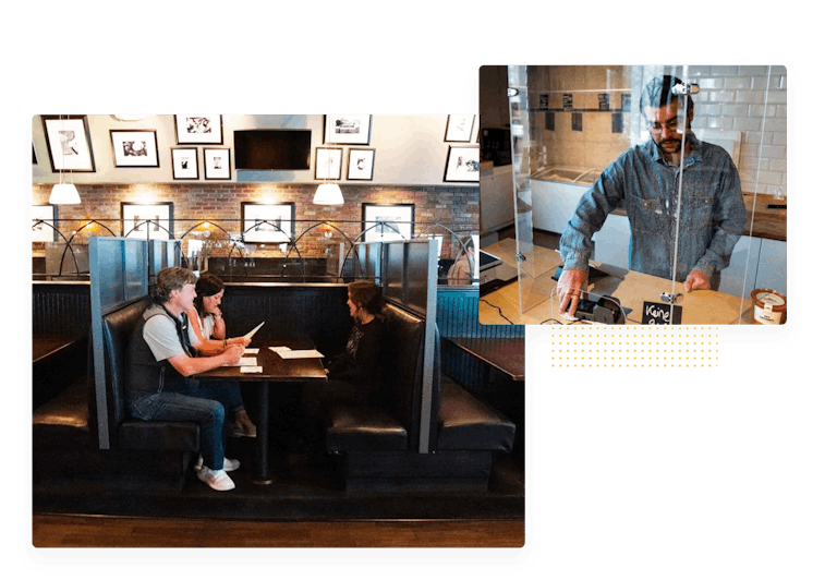 A family dining at a restaurant with booth partitions and an overlay of a cashier behind a plexiglass barrier