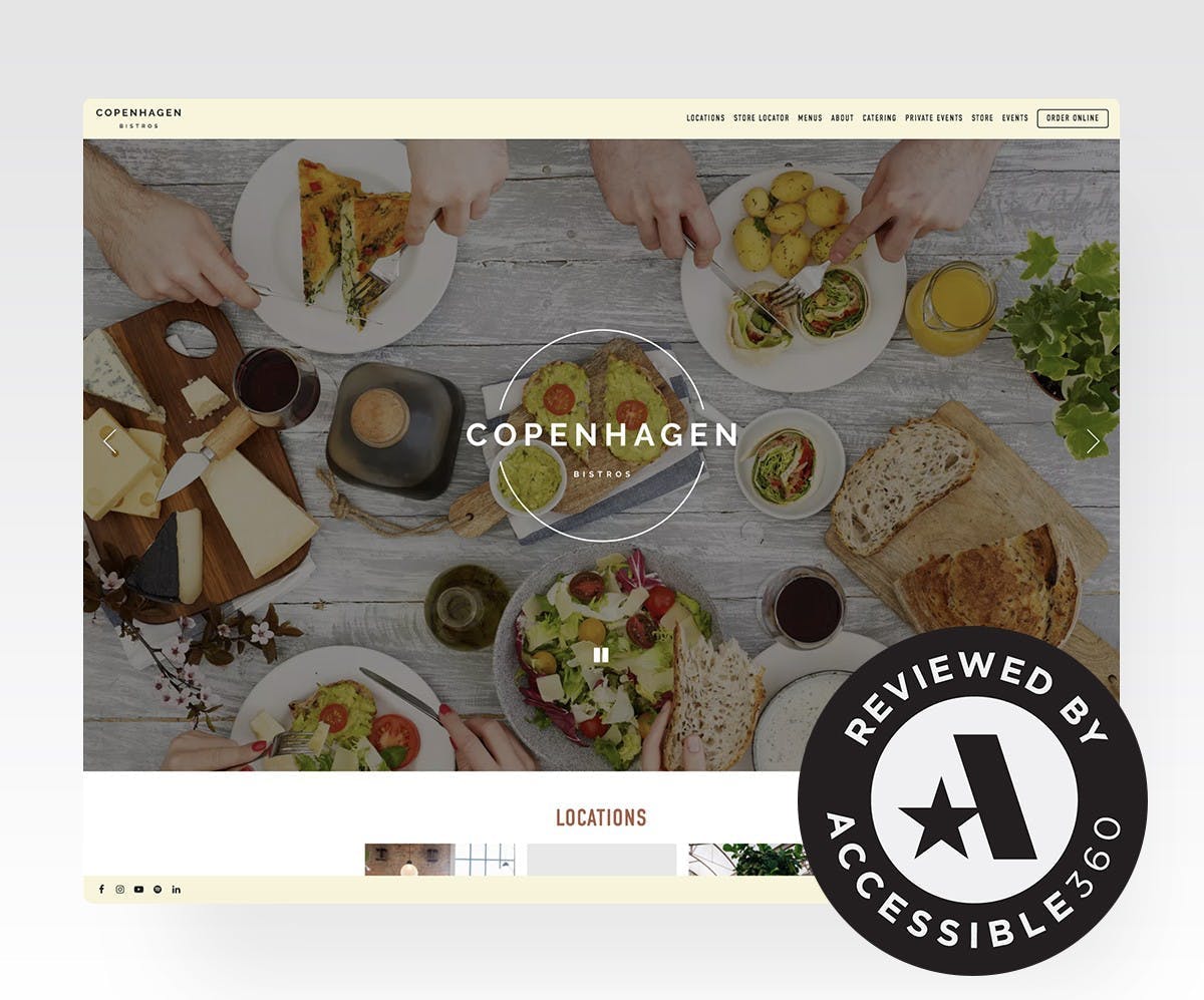 A screenshot of a restaurant website and certified accessible badge from A360.