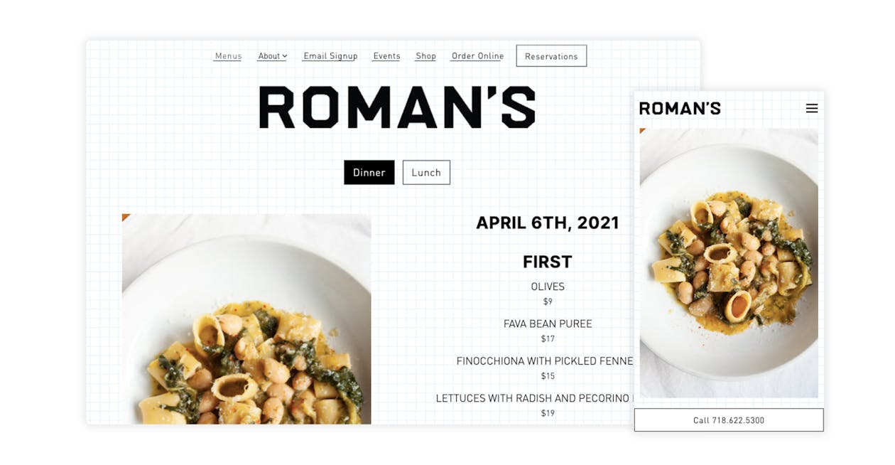 An example of a restaurant website