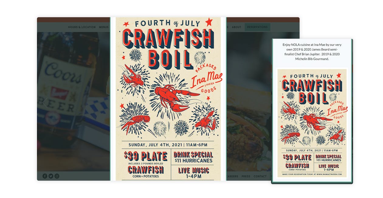 Ina Mae Tavern promotes its “Fourth of July Crawfish Boil” with homepage alerts