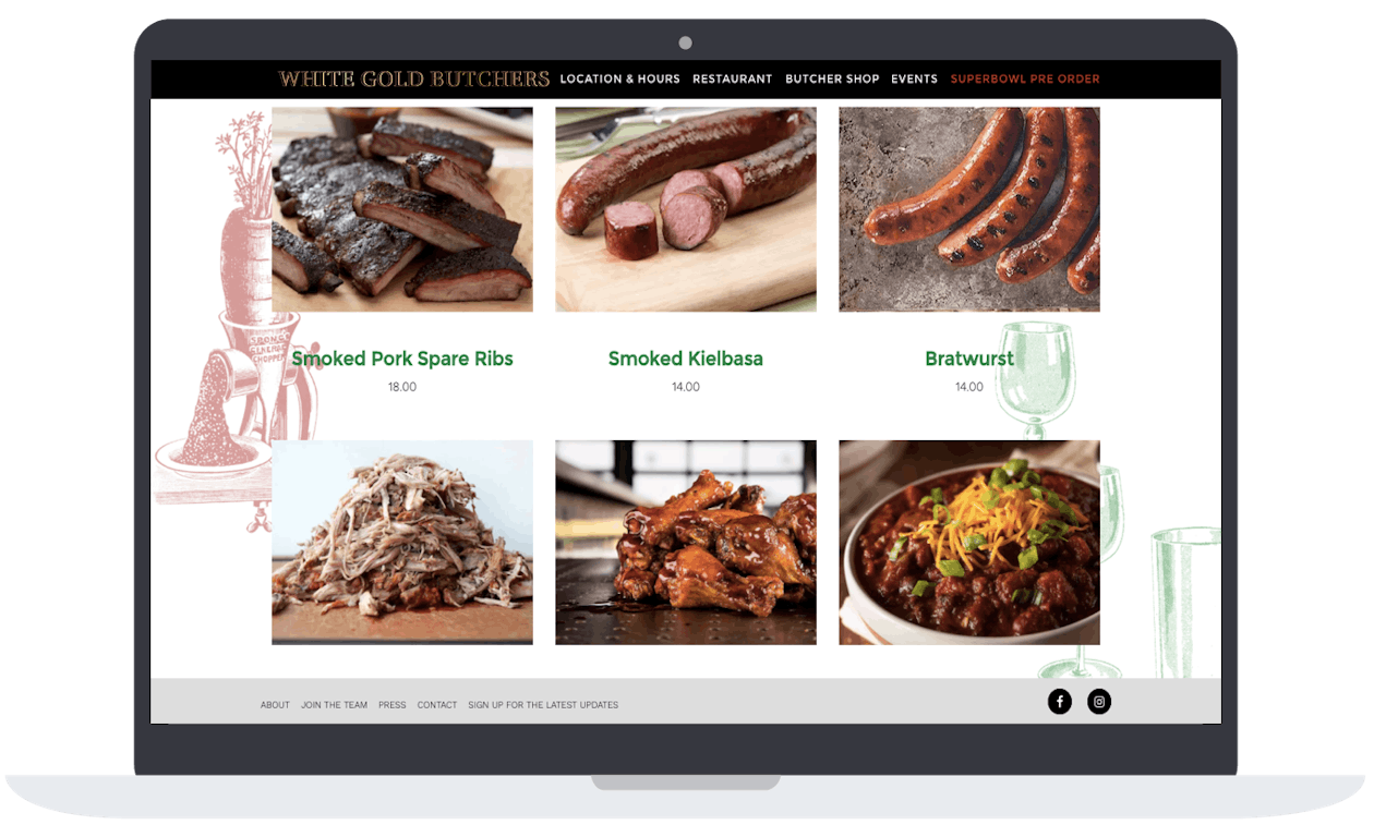 A screenshot of a restaurant website catering store with bbq meats