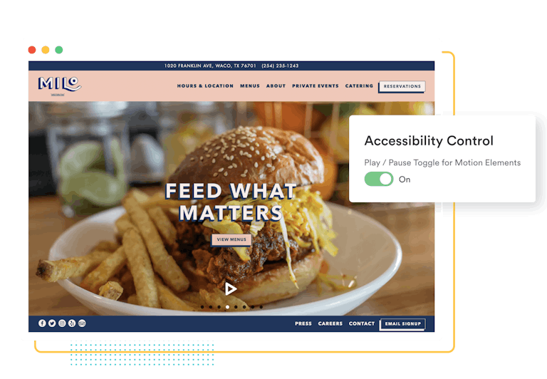 BentoBox website homepage with accessibility controls overlay