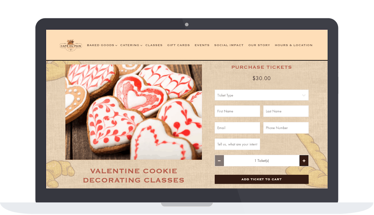 Cafe Du Pain's ticketing page on their website