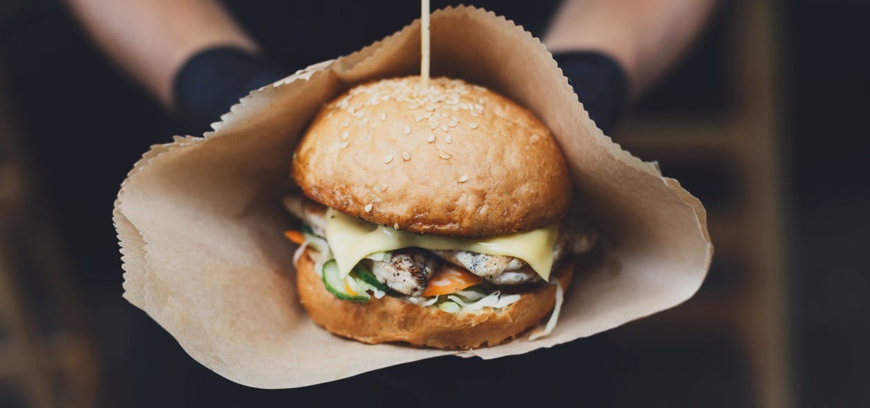a close up of a burger