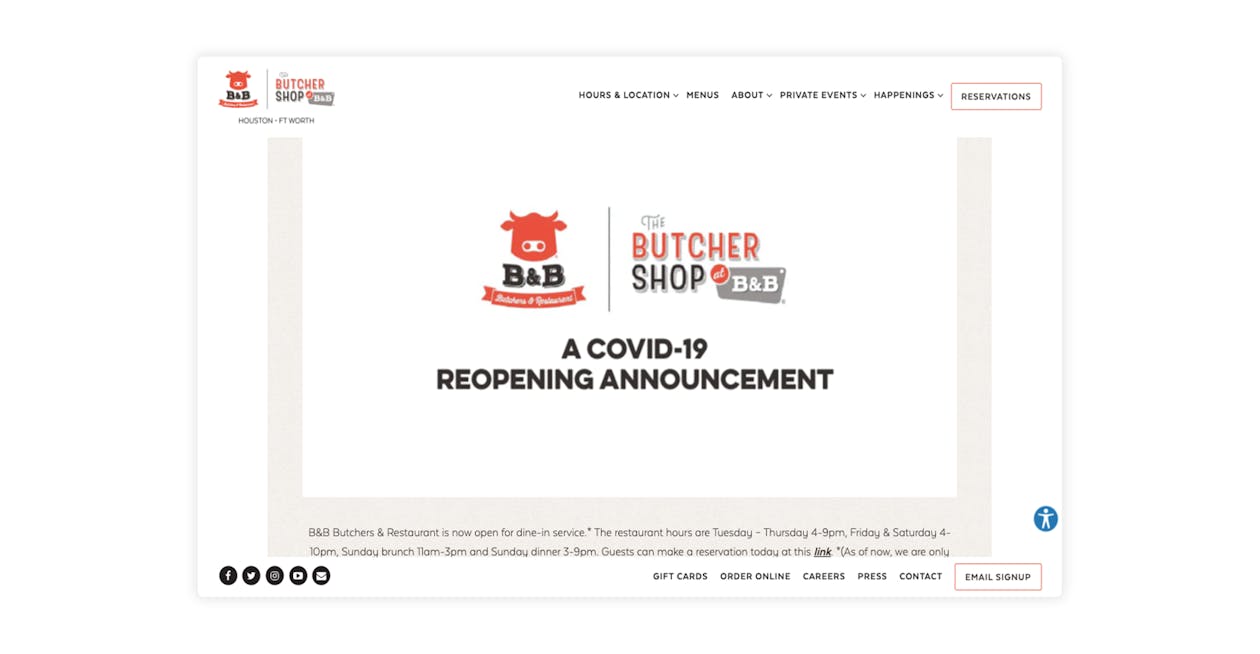 Screenshot of a restaurant website