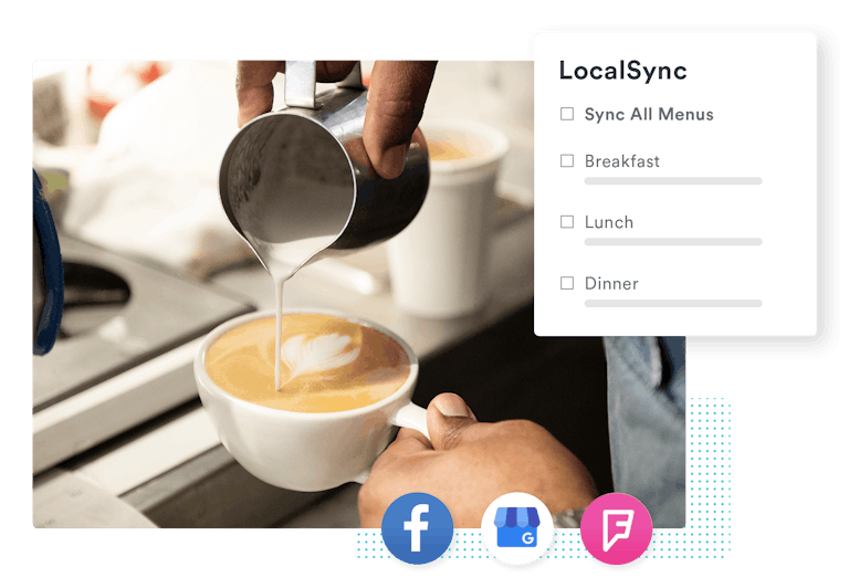 barista pouring milk in a latte with an overlay of BentoBox location management