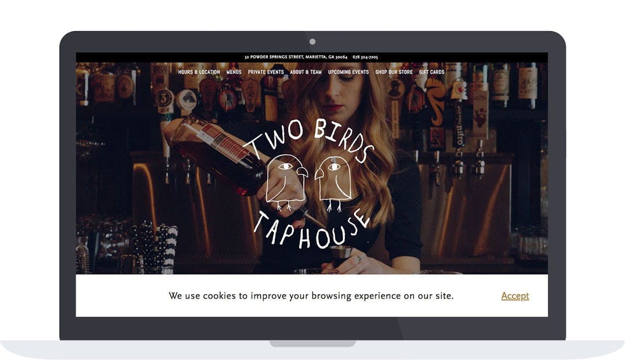 Two Birds Taphouse utilizing a cookie consent alert to inform customers about the way their data is being collected.