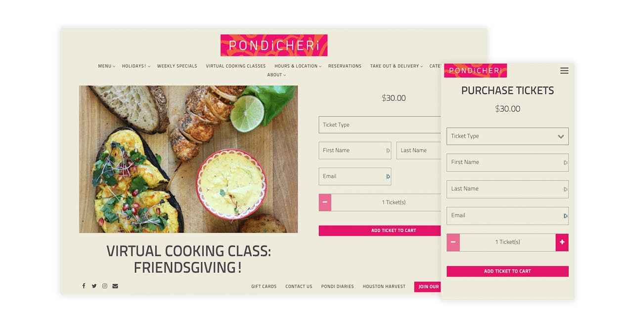 The website for Pondicheri promotes and sells event tickets