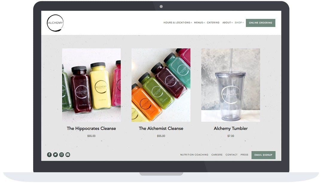 Alchemy Juice Cafe's online store on their website