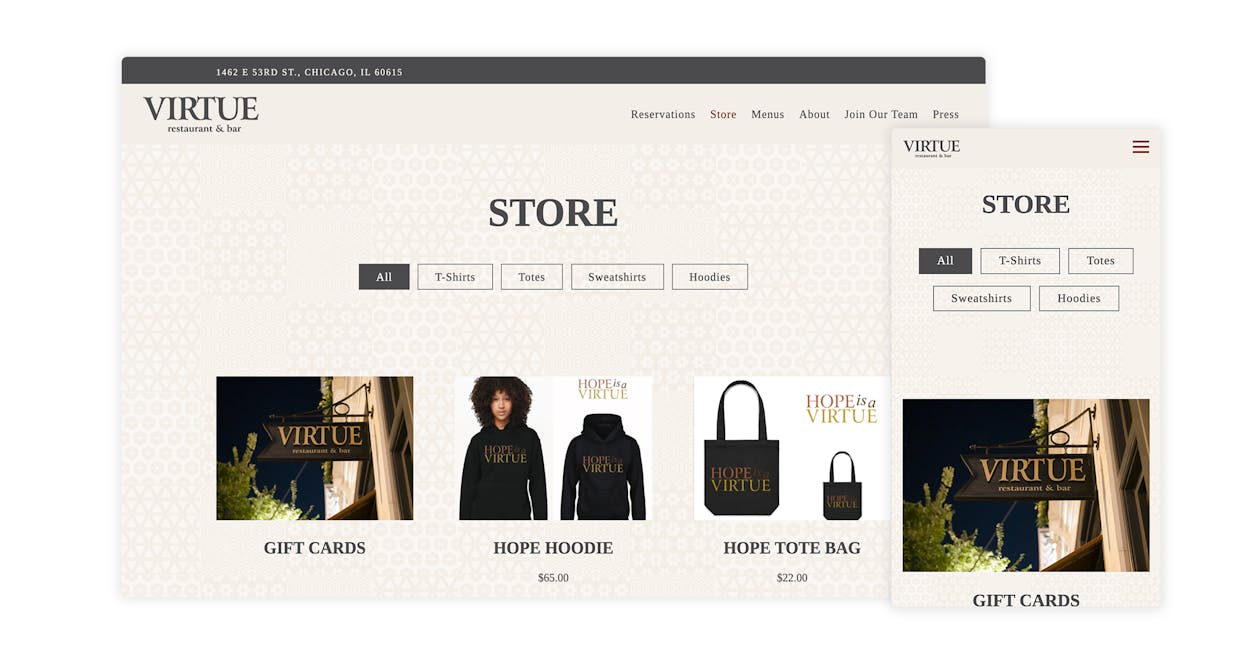 Virtue sells merchandise on its website