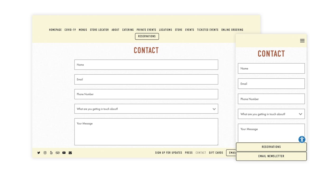An example of a contact form on a restaurant website that’s designed by BentoBox