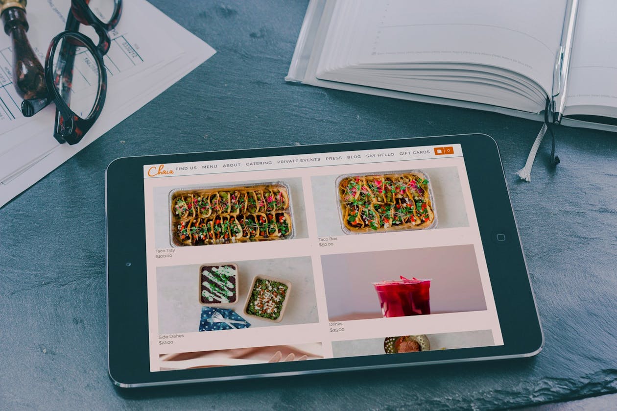 a tablet on a table.