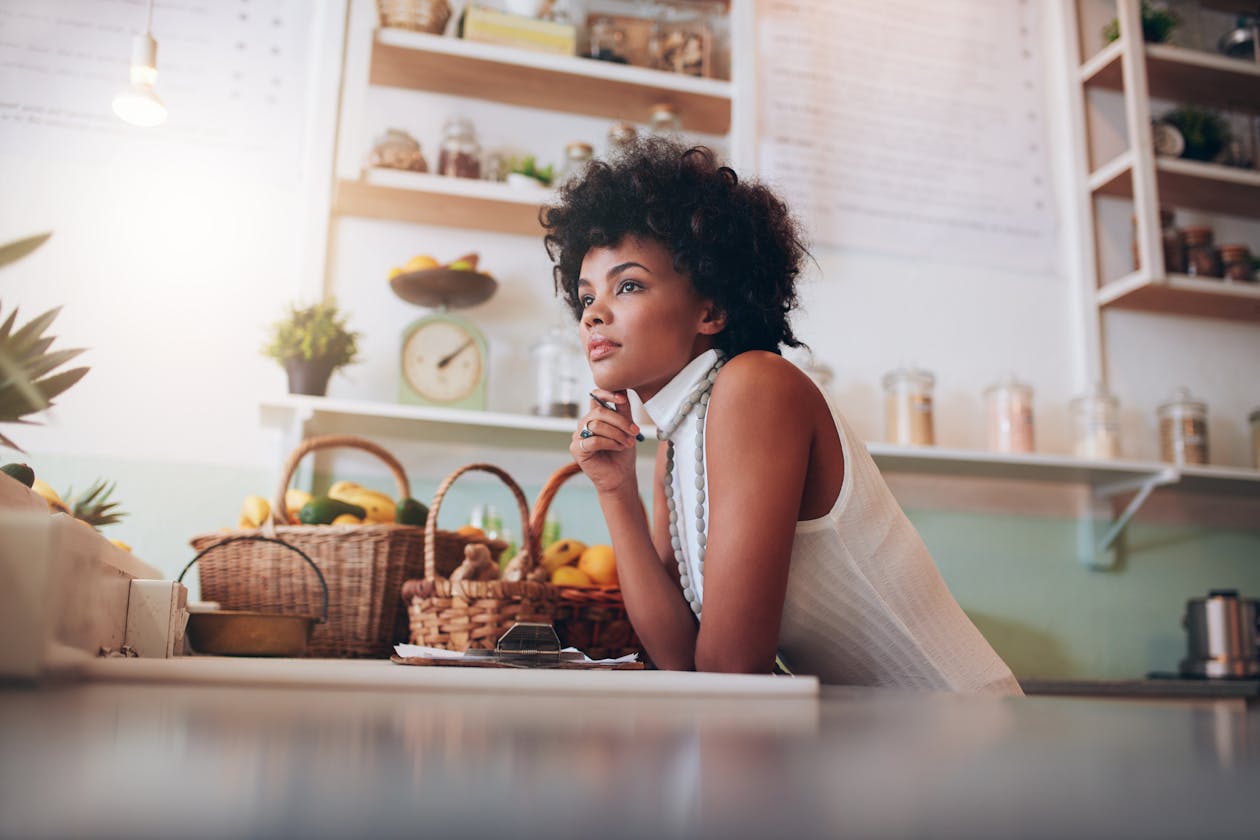 a woman sitting at a table