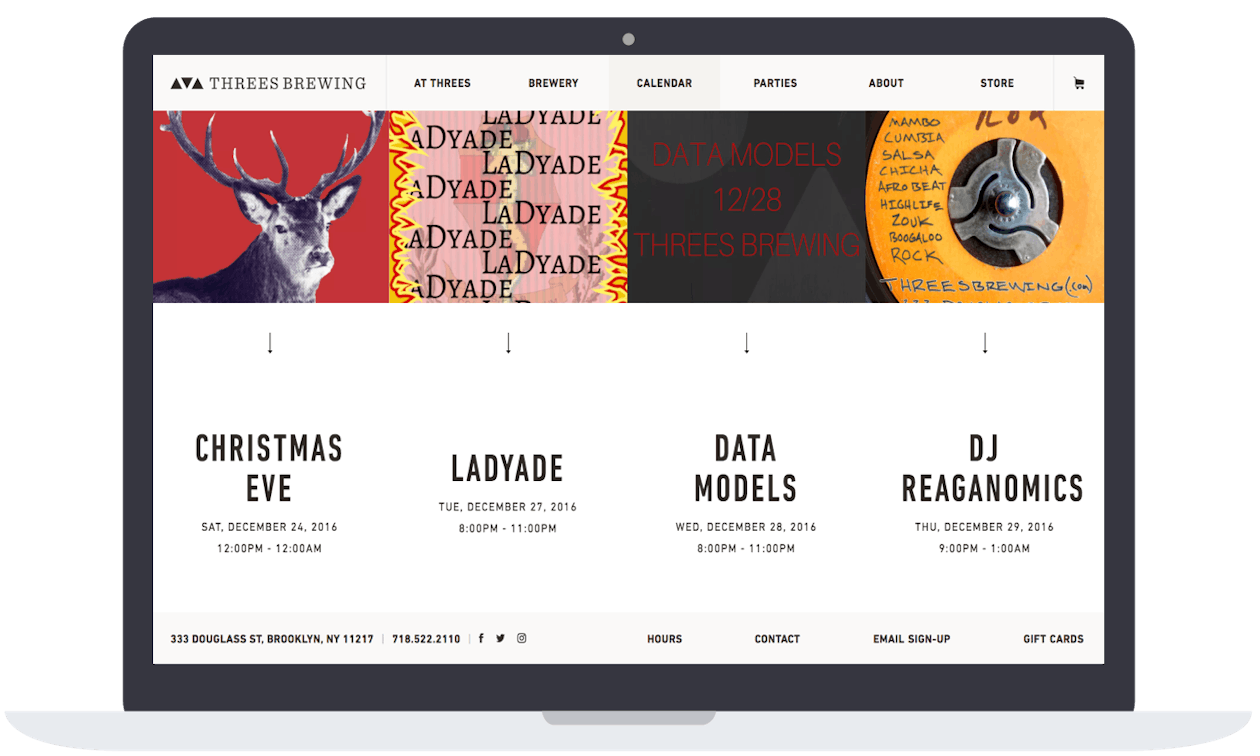 a screenshot of calendar on Three's Brewing website