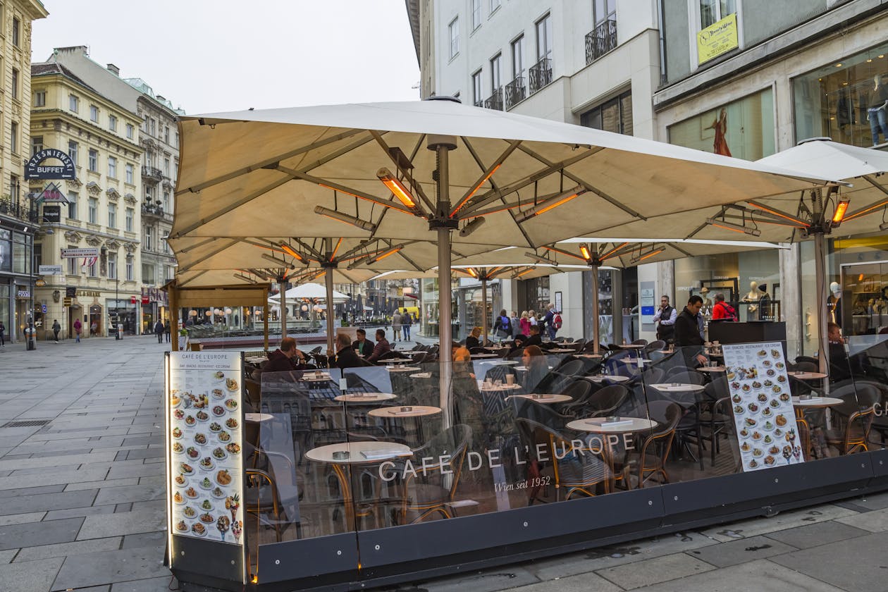 An example of a heated outdoor patio in front of a restaurant