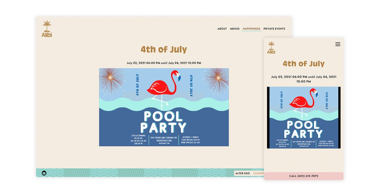 Alibi promotes a 4th of July pool party on the website