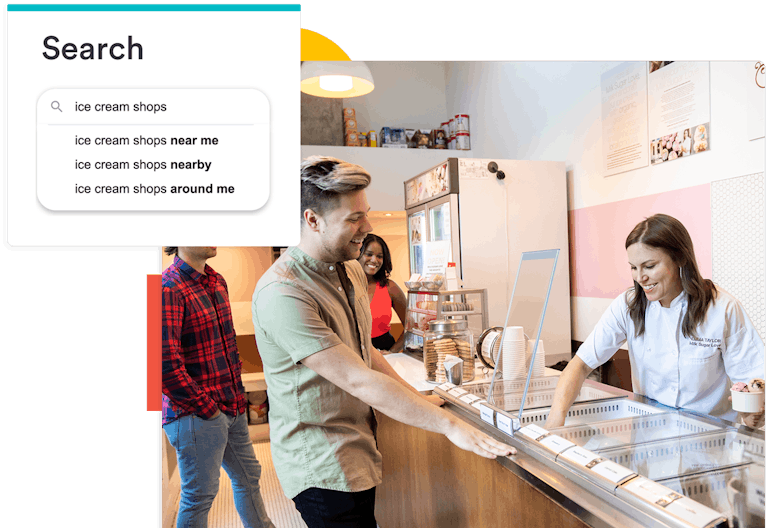 a composite image of a person at an ice cream store and a search bar