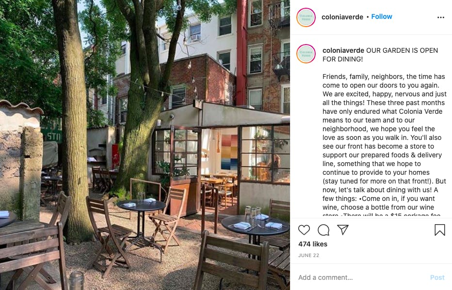 Colonia Verde promotes the reopening of their outdoor dining space on Instagram