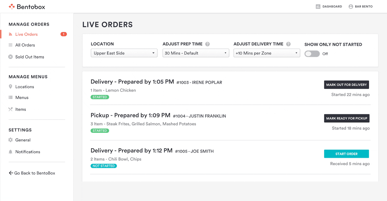 The Bento Ordering backend where operators can manage incoming orders