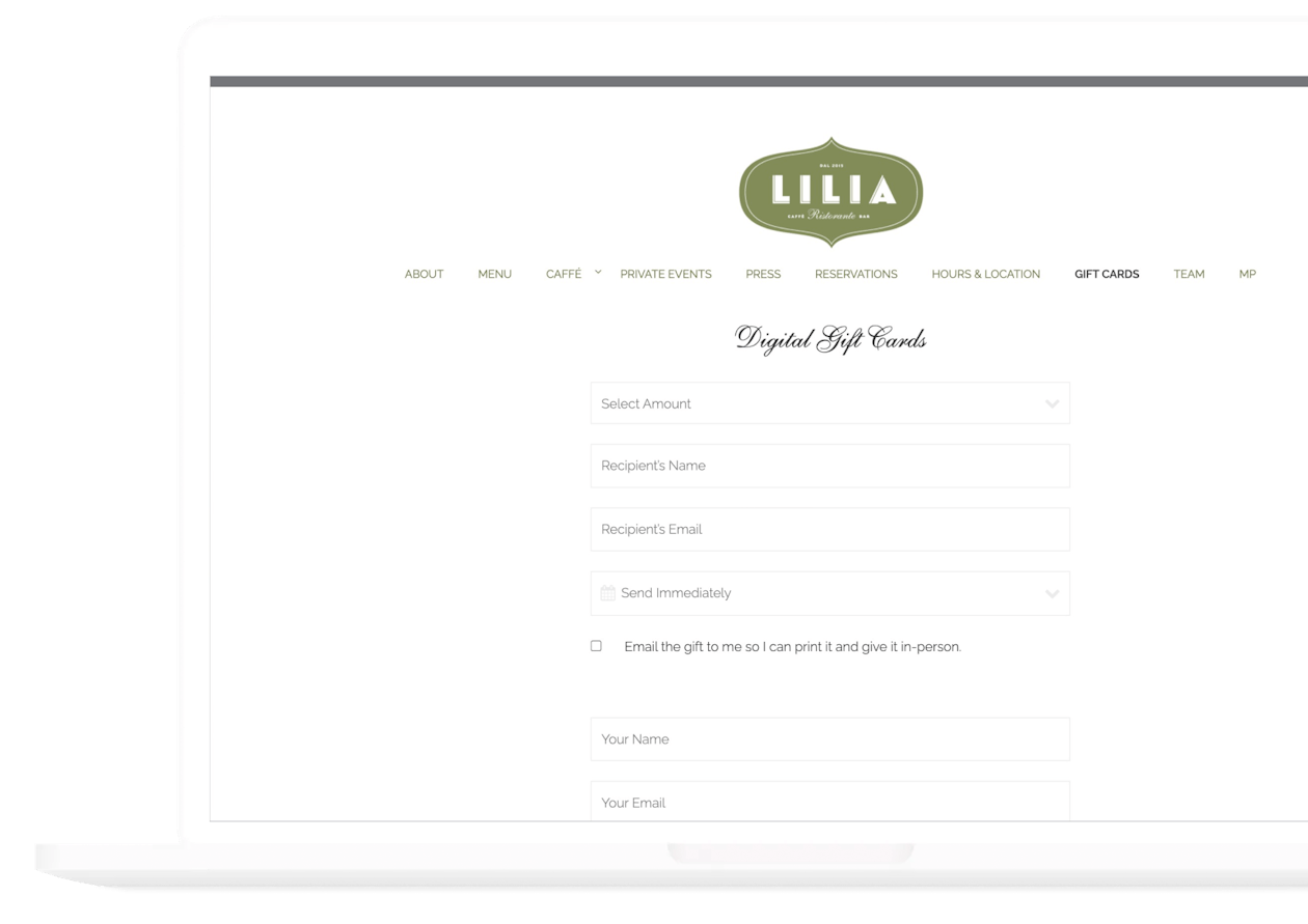 The digital gift cards page for Lilia