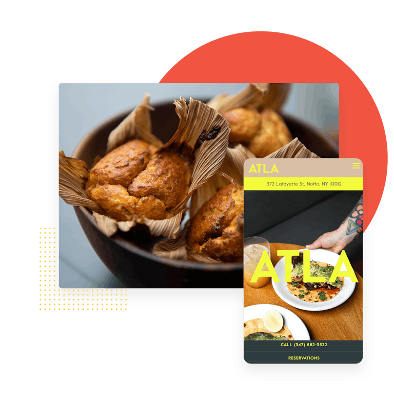 a composite of a mobile restaurant website for Atla with a photo of baked goods