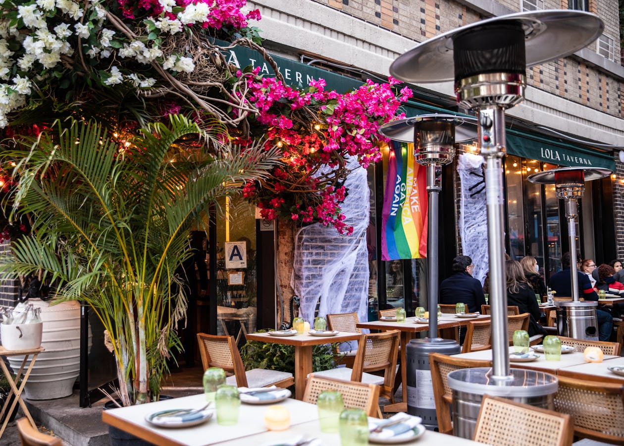 A restaurant with heated outdoor seating