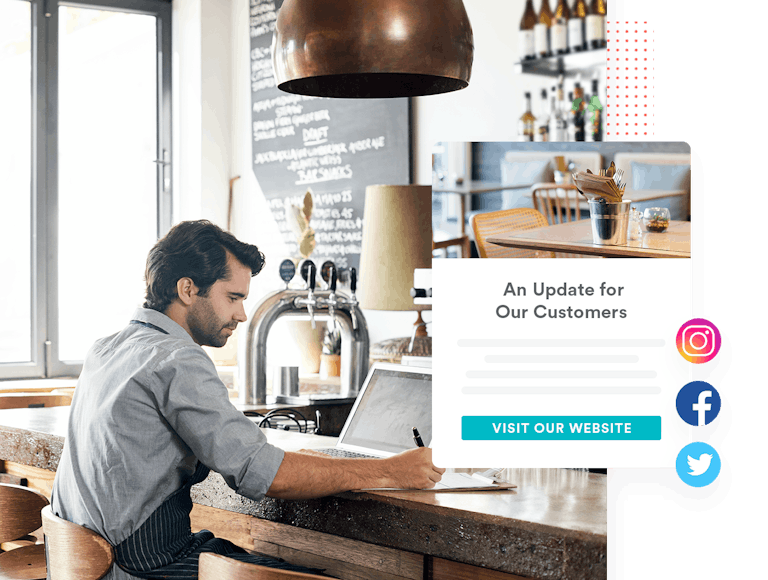 A restaurant owner working on his computer with an overlay of updated information for customers
