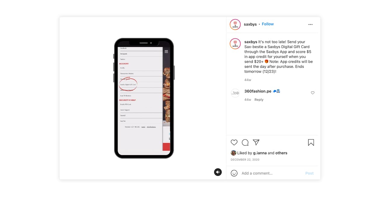 Saxbys promotes gift cards on Instagram