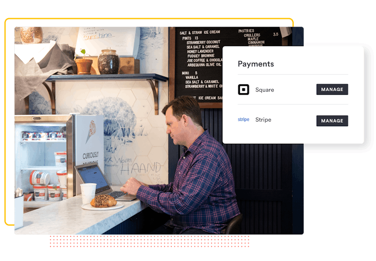 Team member using laptop at cafe with screenshots of BentoBox payment integrations