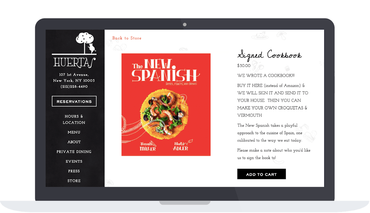 Huerta website's online store where they sell their cookbook