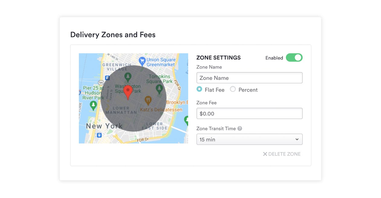 An example of how restaurants can set tiered delivery zones with Bento Ordering