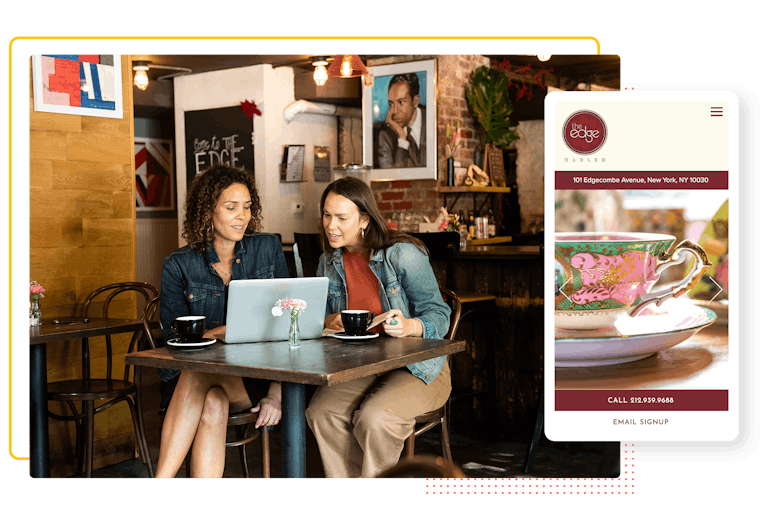a composite of two people working at a cafe and the mobile version of a homepage