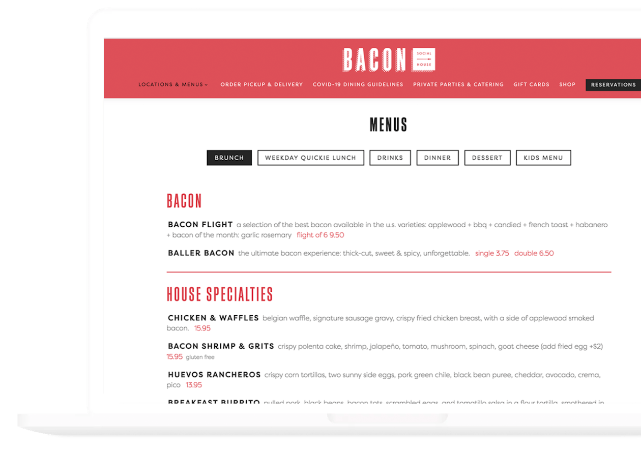 The website for Bacon Social House