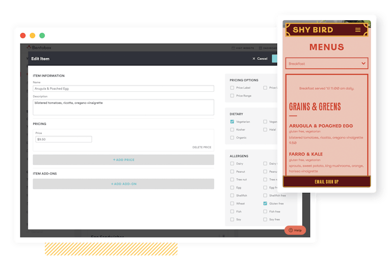 screenshots of BentoBox menu builder and frontend menu