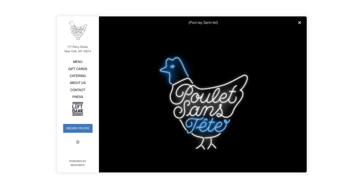 The website for Poulet Sans Tete, a delivery-only restaurant in New York City