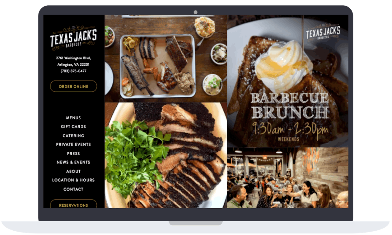 Texas Jack's website showing a bunch of different types of food