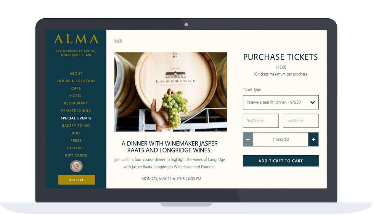 Alma's ticket event page on their website