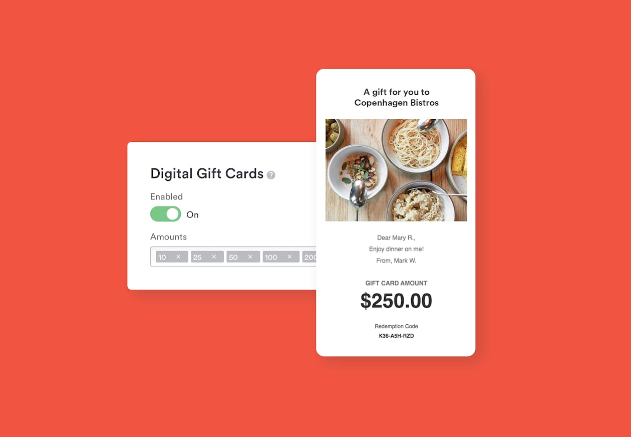 screenshots of BentoBox gift card management & email notification