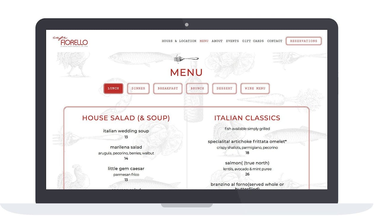Cafe Fiorello's menu page on their website