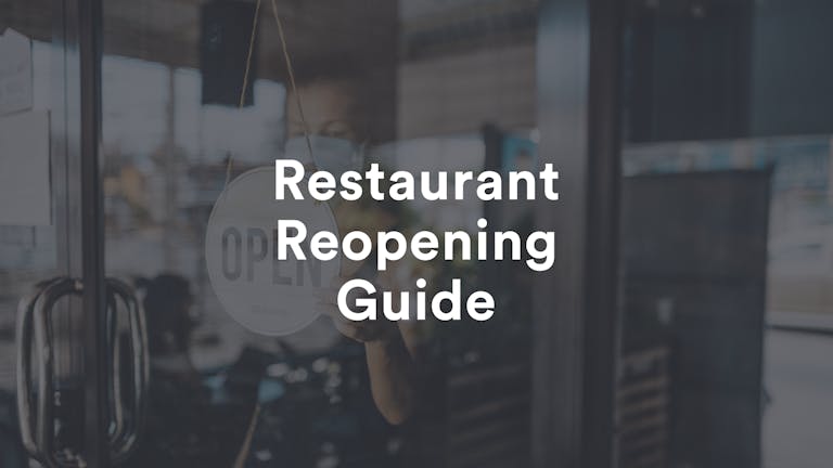 Image of a woman with an open sign and tex that says restaurant reopening guide