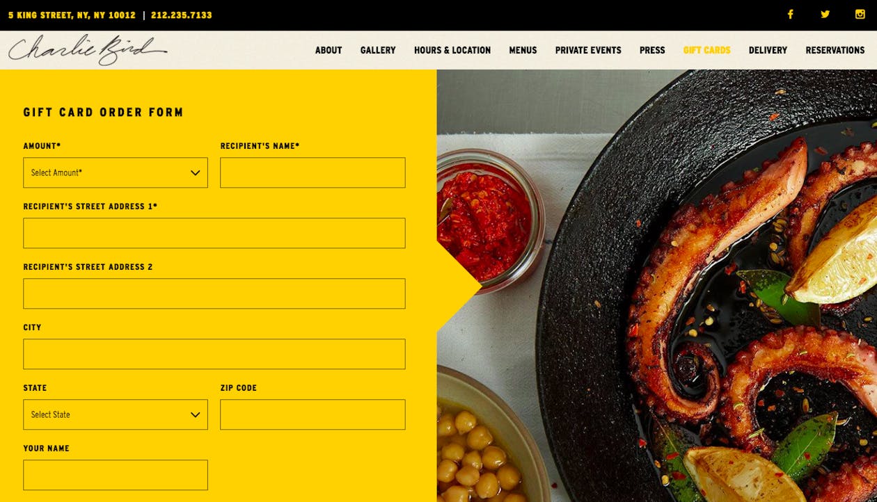 a screenshot of a restaurant website.