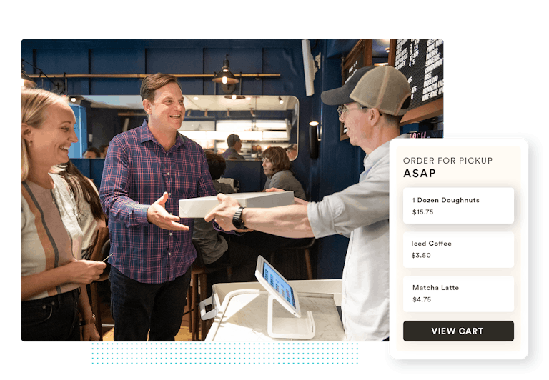 a composit photo of a man receiving a pizza from a take out counter