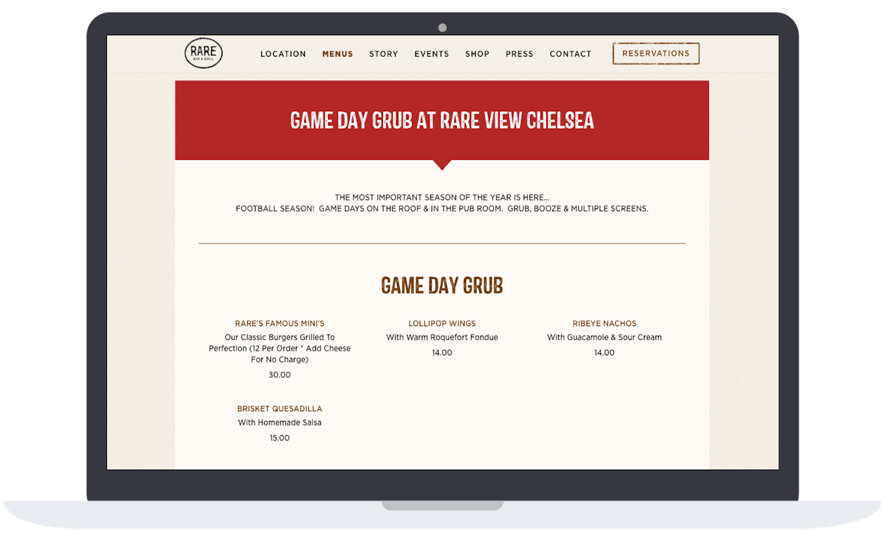 A screenshot of a restaurant website