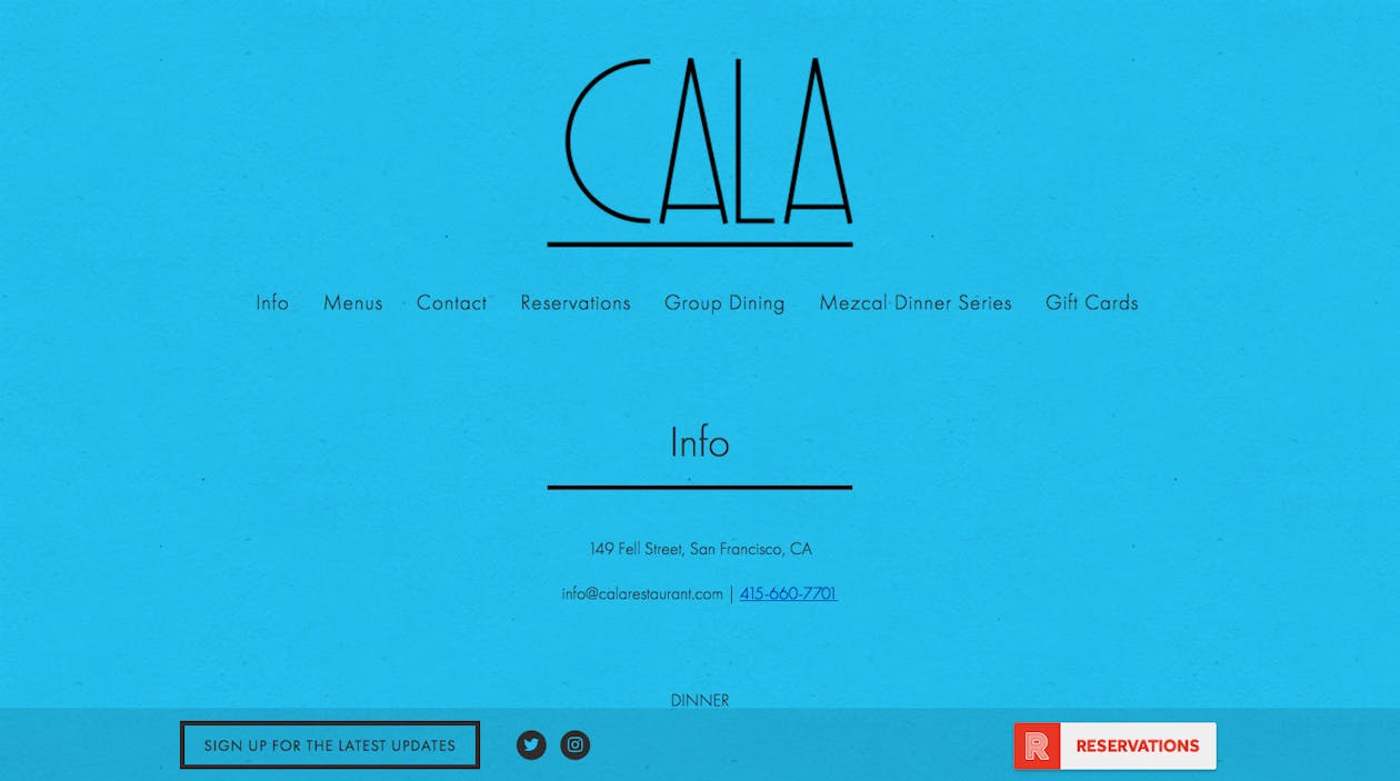 Cala's navigation bar neatly shows where to find info, reservations, and menus.